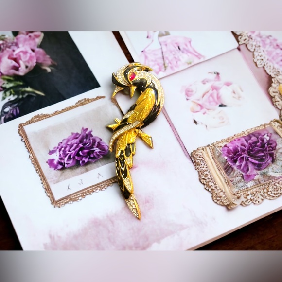 Vintage 1980s Bird of Paradise Large D orlan Crystal enameled bird brooch gold - Picture 2 of 10